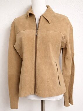 Vintage Tan Suede Leather Jacket Zip Front Fitted Minimalist Y2K